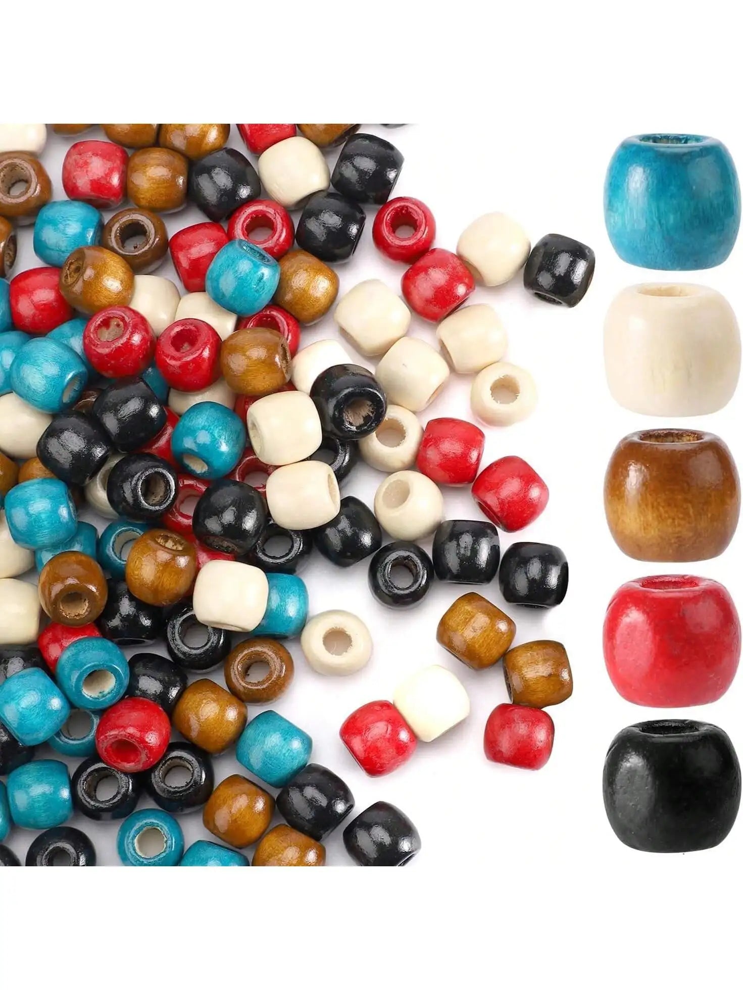 150pcs large hole wooden beads, 5 colors retro giant wooden loose lace beads 0.43x4.47in hair beads used for weaving hair rings,