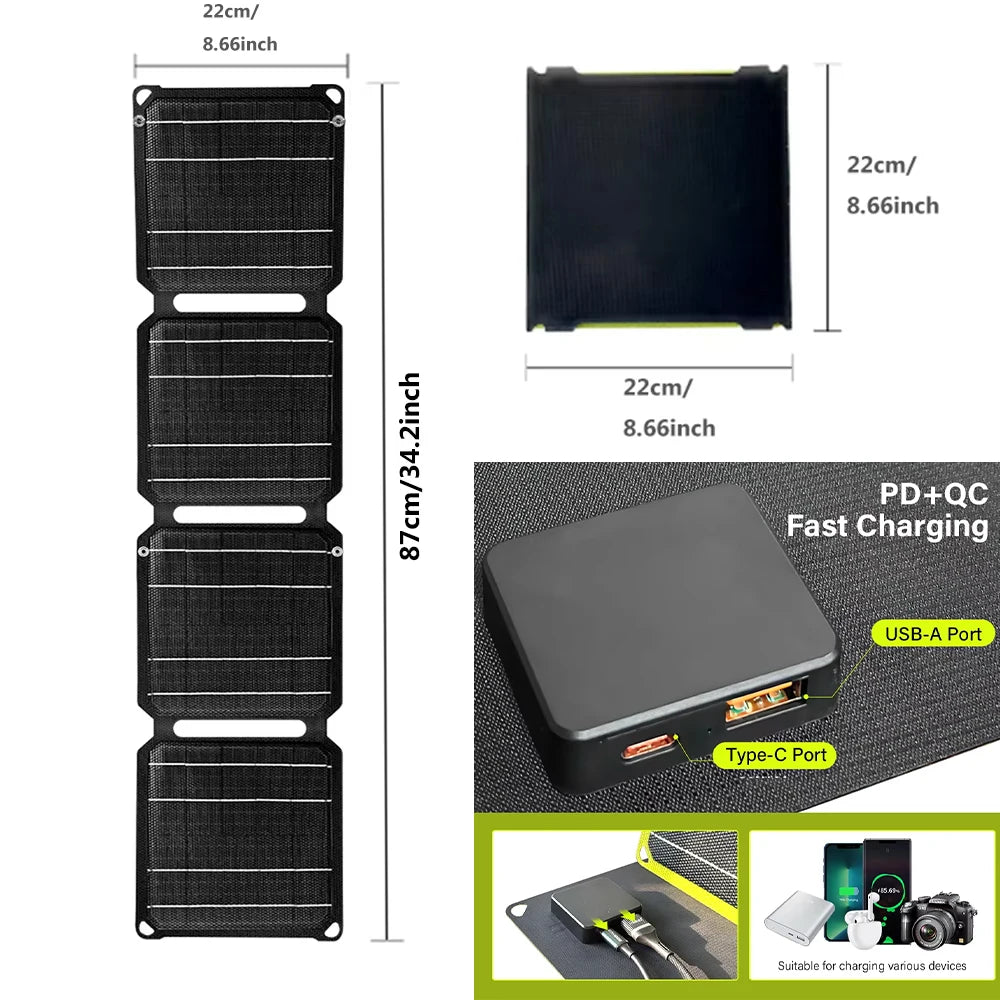 2000W portable solar charger 5V 12V flexible Solar panel plate battery USB A C DC  21W/30W/60W/80W power bank For camping