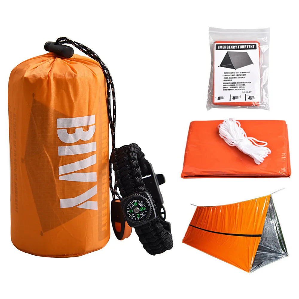 2 Person Emergency Shelter Survival Bivy Tube Tent Kit Thermal Blanket SOS Sleeping Bag Waterproof Survival Equipment