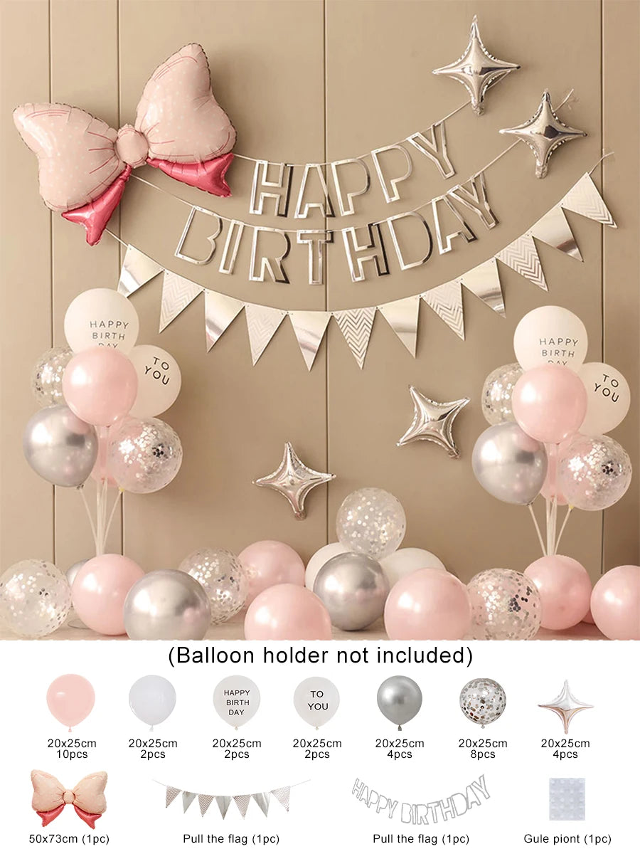 36PCS Pink and Silver Simple Birthday Balloon Party Decorative Set