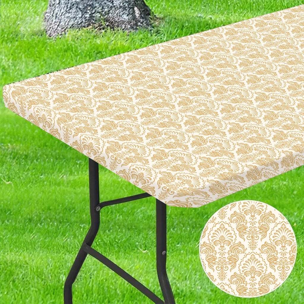 1pc Rectangular Tablecloth, Black Pattern Elastic Fit Tablecloth, Folding Table, Washable Tablecloth Graduation Party Decors