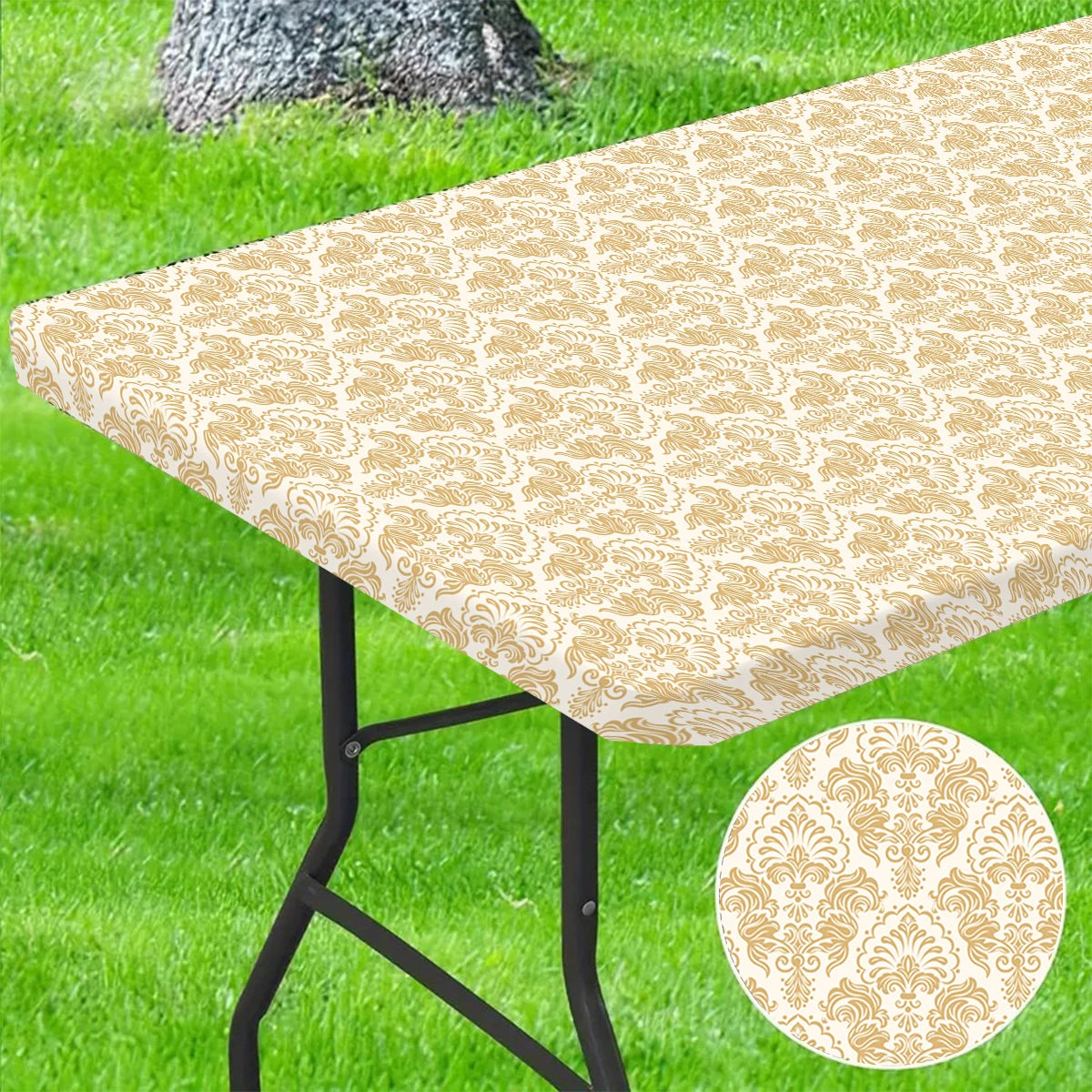 1pc Rectangular Tablecloth, Black Pattern Elastic Fit Tablecloth, Folding Table, Washable Tablecloth Graduation Party Decors