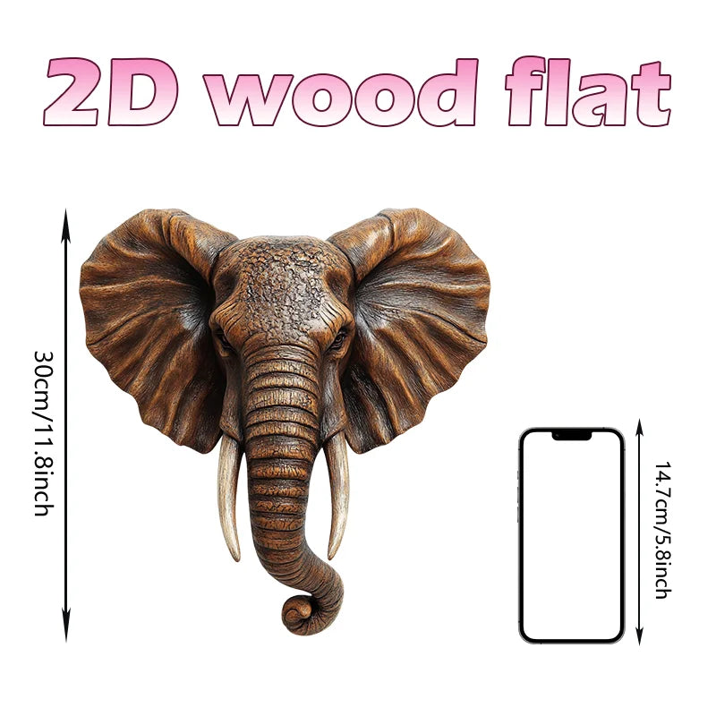 2D Flat Printing Large-scale Wooden Art Elephant Head Flat Home Decoration Wall Decor Festival Wall hanging Retro Items