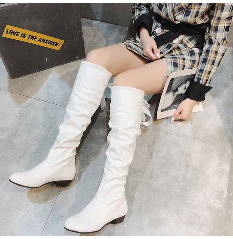 2023Shoes For Women  Knee High Boots Red Black White Tall Boots Woman Pleated Low Heel Casual Leather Female Long Shoes