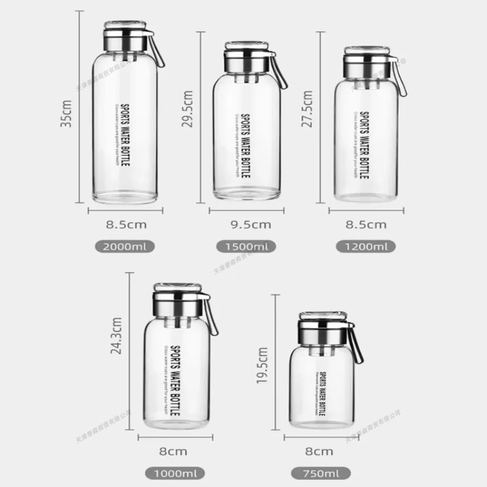 0.75/1.0/1.2/1.5/2L Large Capacity Glass Transparent Water Bottles Milk Juice Cup for Tour Outdoor Sports Travel Glass Bottle