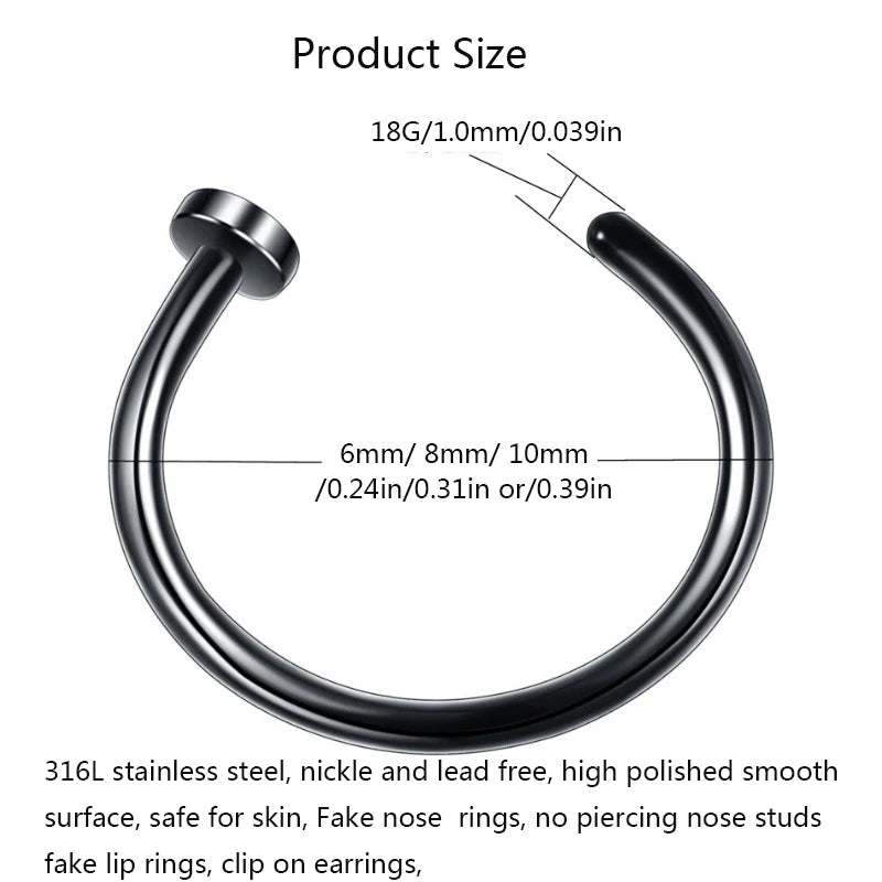 2/6Pcs Fake Nose Rings for Women, 316L Stainless Steel Lip Rings Labret Ring Nostril Hoop Piercing Studs Nose Piercing Jewelry