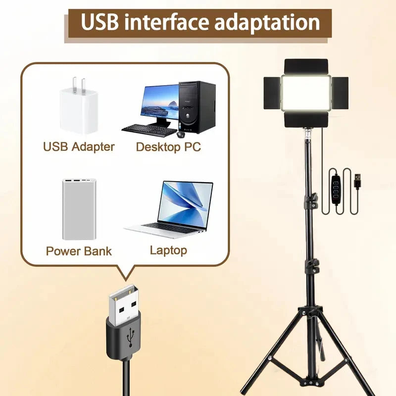 1 LED Video Photography Lighting Kit, USB Powered, 43-inch Tripod, 10-inch Square Fill Light, 3 Adjustable Light Colors, 4 Baffl