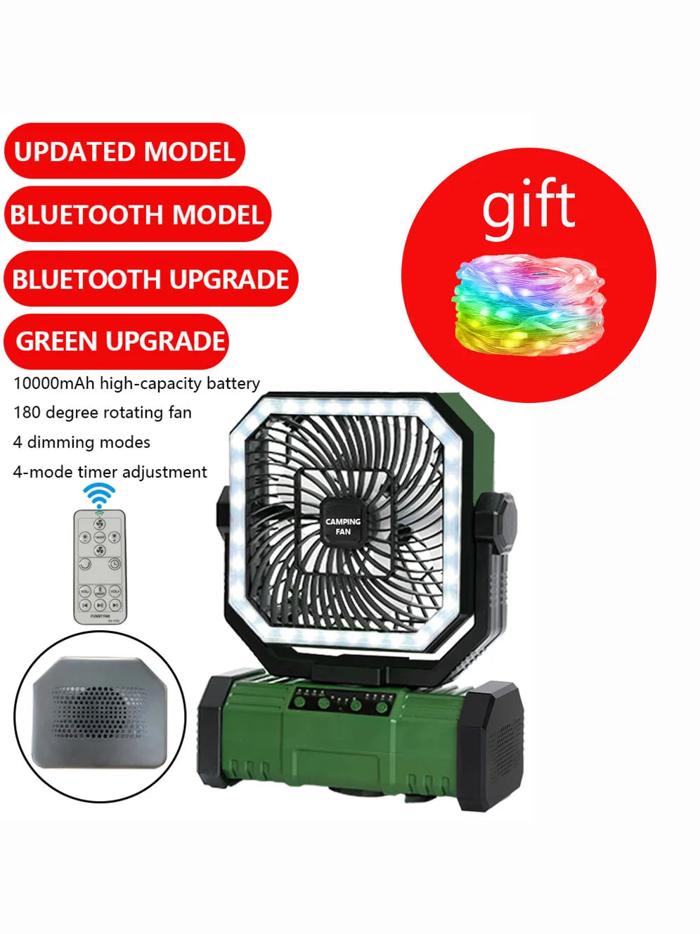 20000mAh Battery Operated Fan Portable Rechargeable Desk/Camping Fan With LED Light and Hook Outdoor Fan for Tent Car Trip