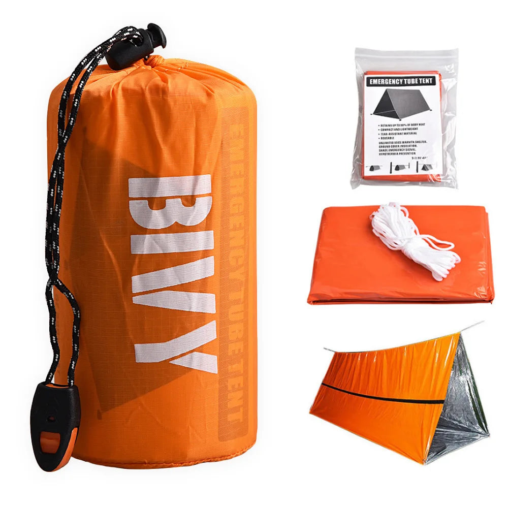 2 Person Emergency Shelter Survival Bivy Tube Tent Kit Thermal Blanket SOS Sleeping Bag Waterproof Survival Equipment