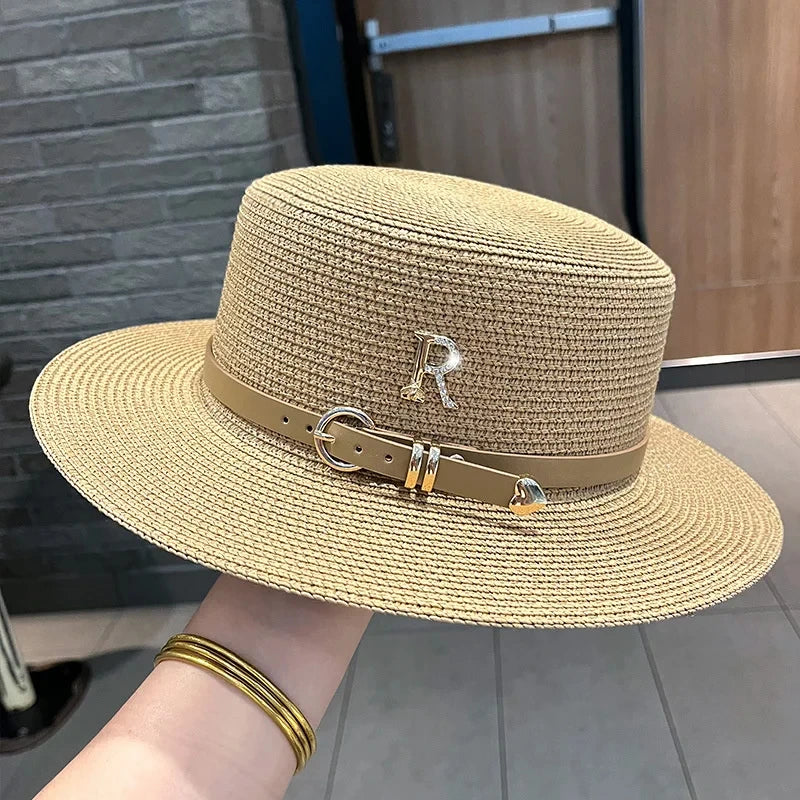 2024 New Metal R Letter Buckle Straw Hat Leisure Summer Sunscreen Hat Women's Fashionable Beach Hat Vintage Hat Church Hats