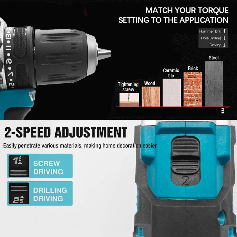 1/2 inch 1700RPM cordless drill, compact hammer drill, brushless motor, lithium electric drive, suitable for 18V Makita battery