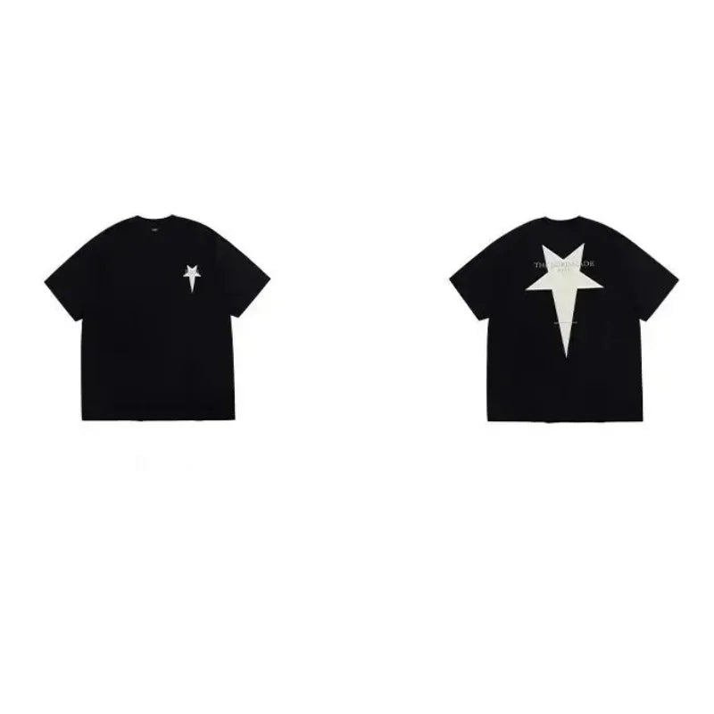 2024 Summer New Harajuku Hip Hop Fashion Pentagram Printed T-shirt Cotton Comfortable High-quality Round Neck Short Sleeve Tops