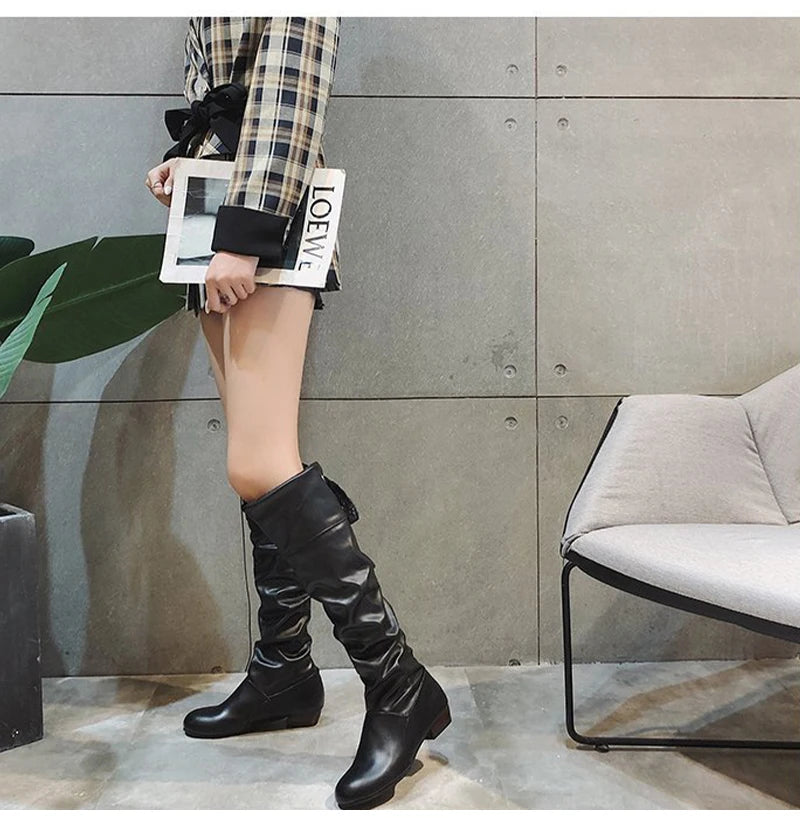 2023Shoes For Women  Knee High Boots Red Black White Tall Boots Woman Pleated Low Heel Casual Leather Female Long Shoes
