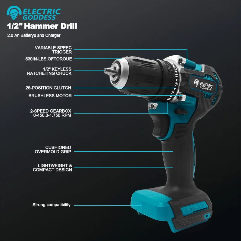 1/2 inch 1700RPM cordless drill, compact hammer drill, brushless motor, lithium electric drive, suitable for 18V Makita battery