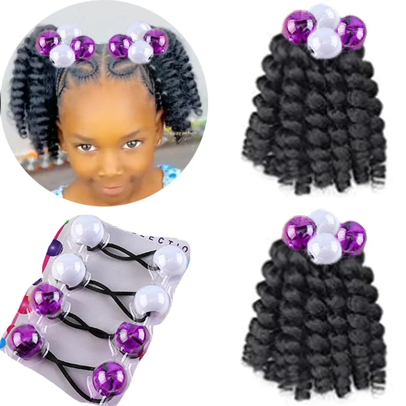2PCS  Hair 2024 New Little Girls Braided Ponytails with Beads Kids Girls Hair Bow Glitter Shinny Shining with Big Balls Bubbles