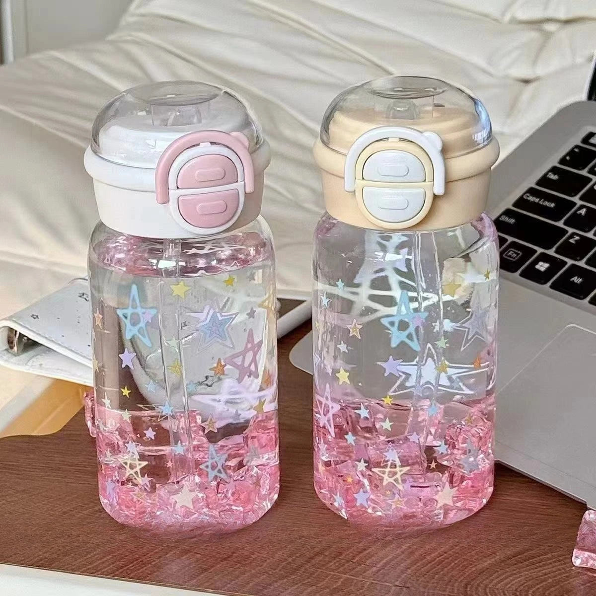 Cute Water Bottle with Straw Portable Plastic Pop-Up Cover Water Cup for Kid Kawaii Bottle Water Leak-Proof Cute Drinking Bottle