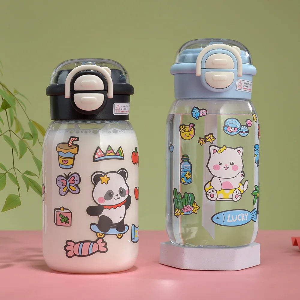 Cute Water Bottle with Straw Portable Plastic Pop-Up Cover Water Cup for Kid Kawaii Bottle Water Leak-Proof Cute Drinking Bottle