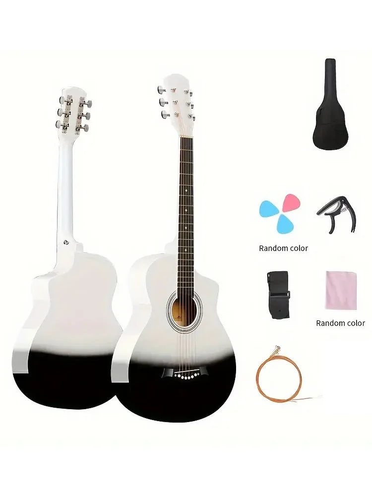 38inch Two-Color Wooden Guitar - Suitable for Beginners, Complete Accessories: Bag, Pick, Bridge Clip, Shoulder Strap, Strings, Cloth - Available in White, Pink, Blue, Black