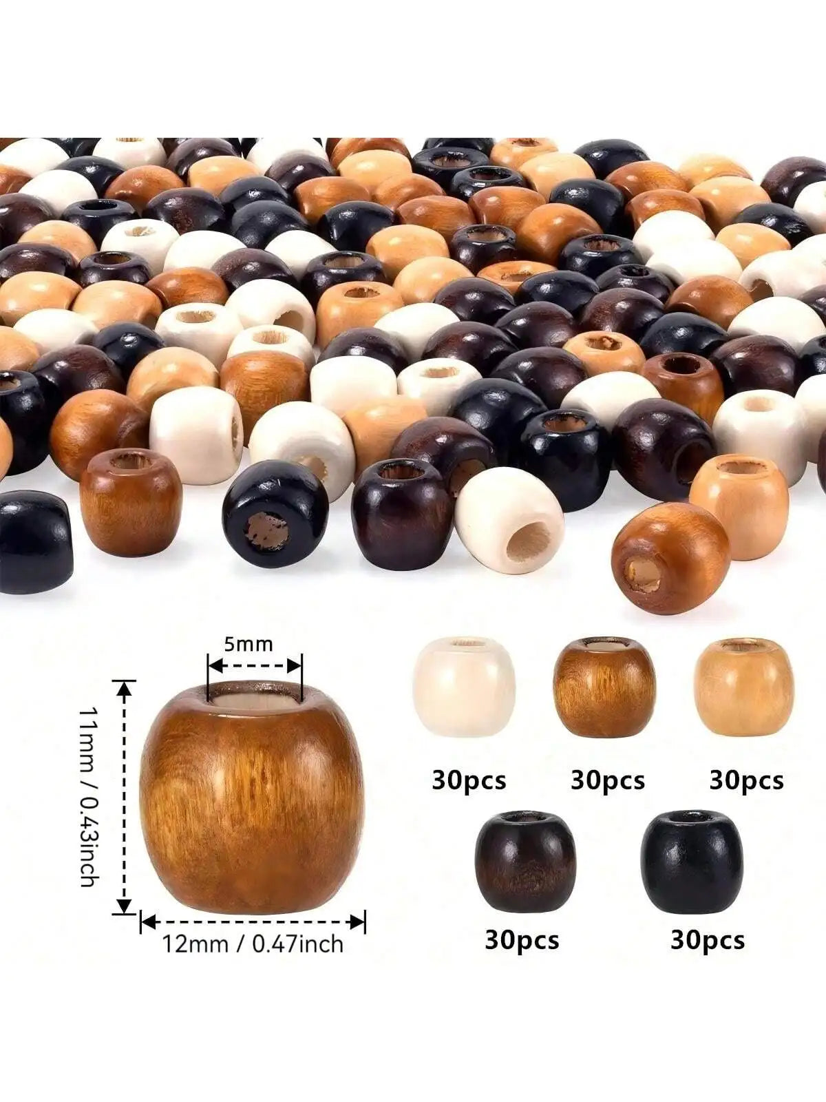150pcs large hole wooden beads, 5 colors retro giant wooden loose lace beads 0.43x4.47in hair beads used for weaving hair rings,
