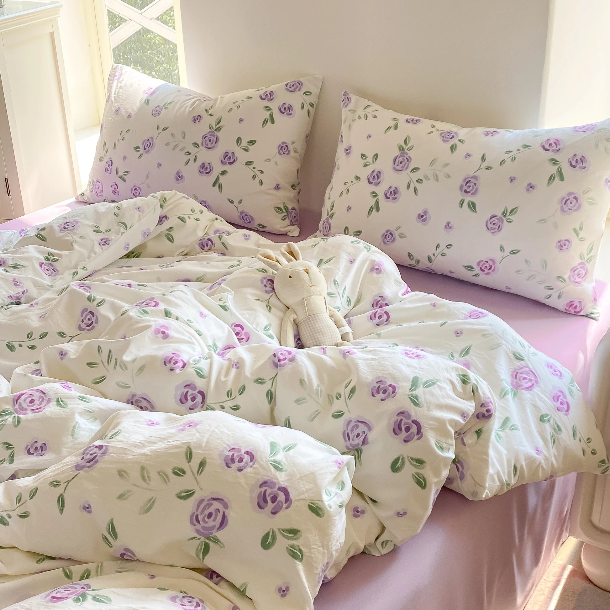 3-piece plant-flower printed bed cover (1* bed cover +2* pillowcase, no filling) Soft, comfortable and breathable bedding