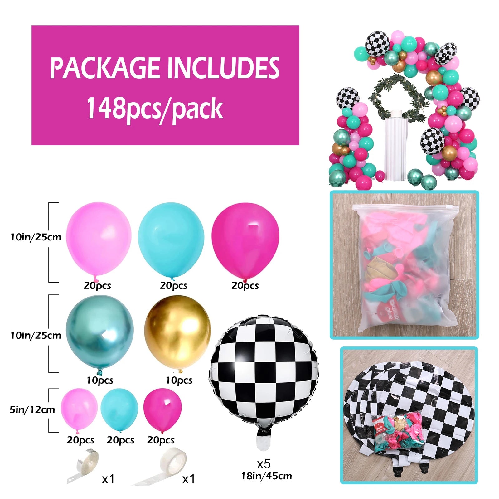 148 balloon sets for girls' birthday party decoration, pink and blue tea party party square background wall decoration balloons