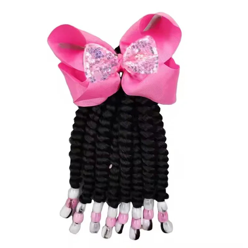 2PCS  Hair 2024 New Little Girls Braided Ponytails with Beads Kids Girls Hair Bow Glitter Shinny Shining with Big Balls Bubbles