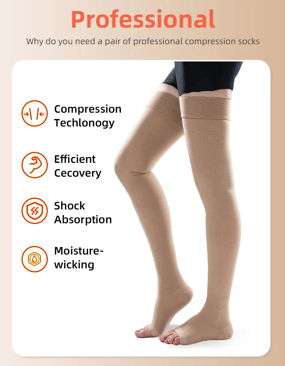 1Pair Thigh High Compression Stockings for Women,Open Toe, 20-30 mmHg Graduated Medical Compression Stockings for Edema