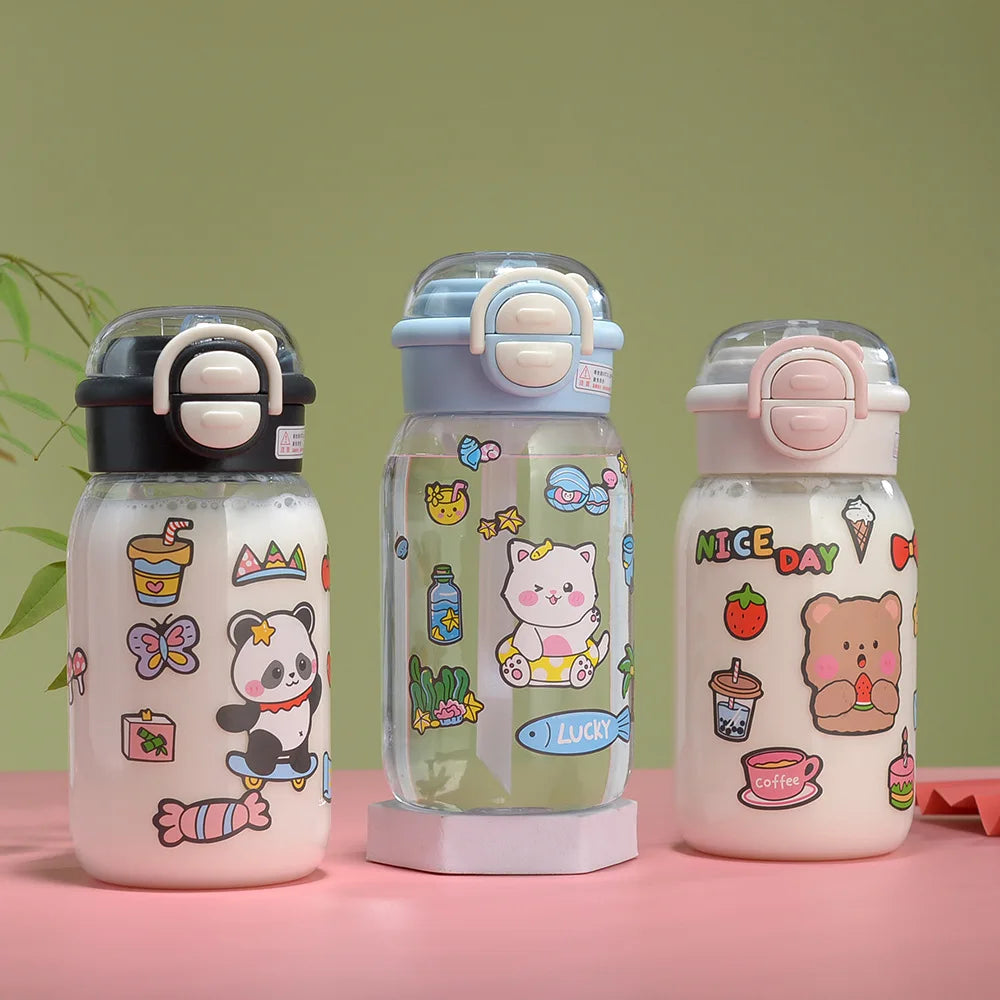 Cute Water Bottle with Straw Portable Plastic Pop-Up Cover Water Cup for Kid Kawaii Bottle Water Leak-Proof Cute Drinking Bottle