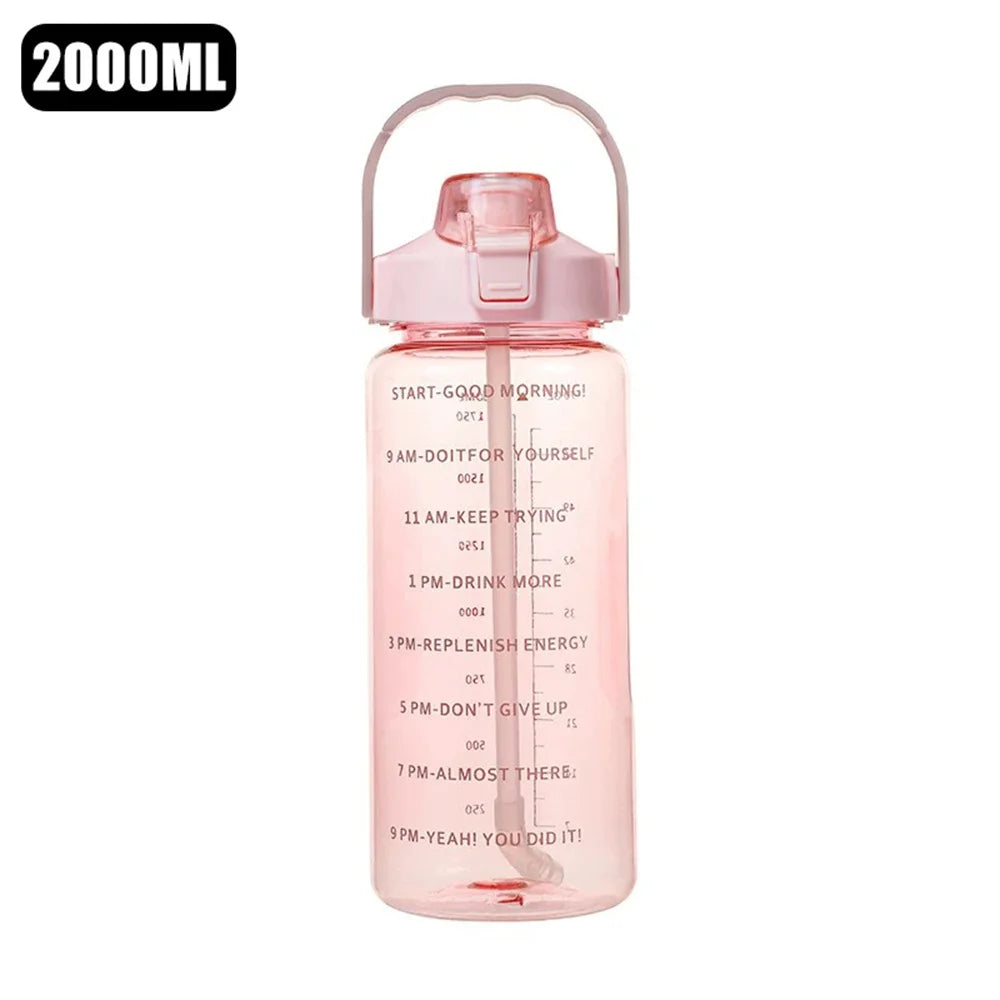 2L Water Bottle with Time Marker, Leak Proof, Non-Slip, Plastic  Portable Travel Water Bottle Fitness Cup With Cute Stickes