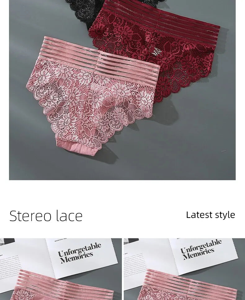 3Pcs Sexy Lace Panties Women's Underpants Solid Color Briefs Breathable Intimates Panties Female Underwear Seamless Lingeries