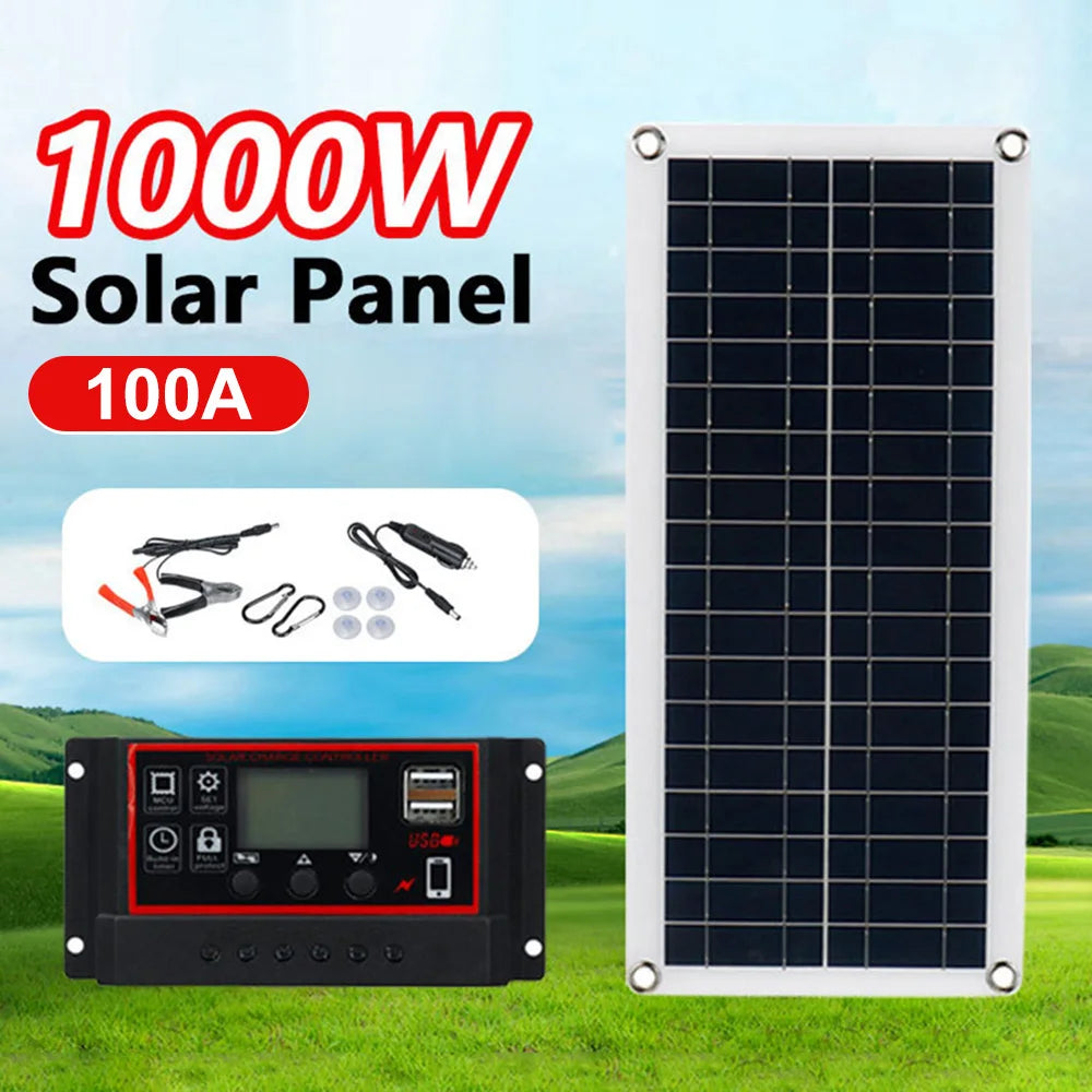 1000W 12V Solar Battery Charger & Maintainer Portable 12 Volt Solar Panel Charging Kit for Car Automotive Boat RV Marine Inveter