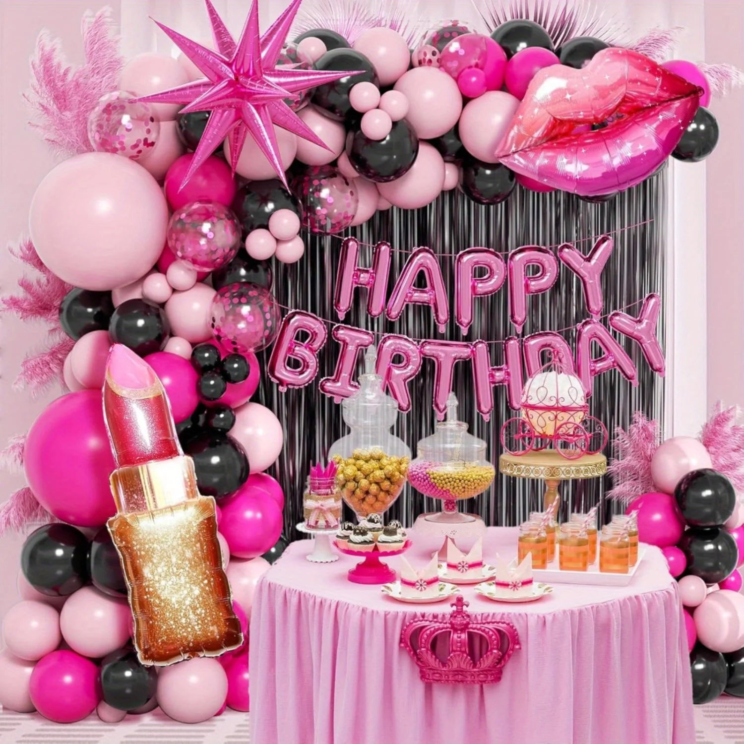 136pcs Valentine's Day Pink and Black Theme Birthday Balloon Set, Suitable for Birthday, Valentine's Day, Engagement Decoration