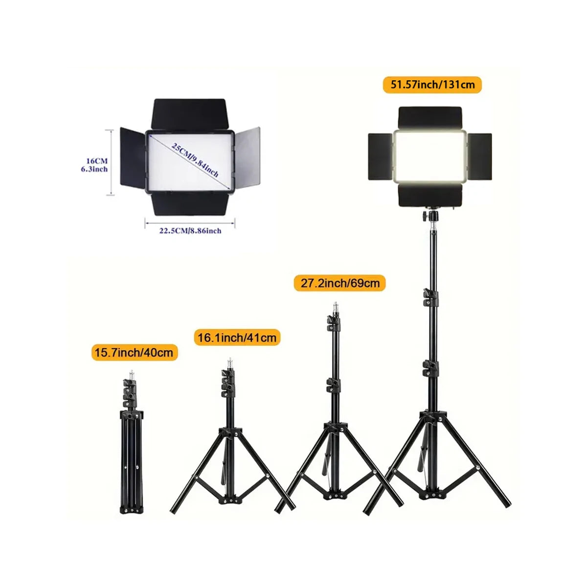 1 LED Video Photography Lighting Kit, USB Powered, 43-inch Tripod, 10-inch Square Fill Light, 3 Adjustable Light Colors, 4 Baffl