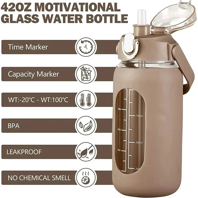 1000ML Glass Water Bottles with Straw, Glass Bottle with Silicone Sleeve and Time Marker, for Gym Camping Home Office