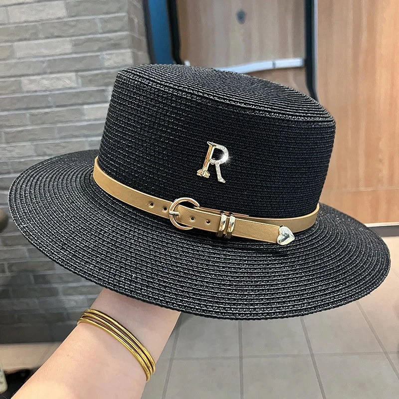 2024 New Metal R Letter Buckle Straw Hat Leisure Summer Sunscreen Hat Women's Fashionable Beach Hat Vintage Hat Church Hats