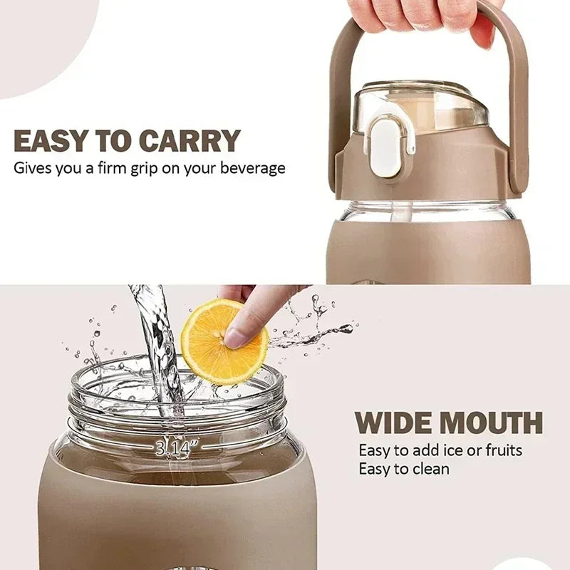1000ML Glass Water Bottles with Straw, Glass Bottle with Silicone Sleeve and Time Marker, for Gym Camping Home Office