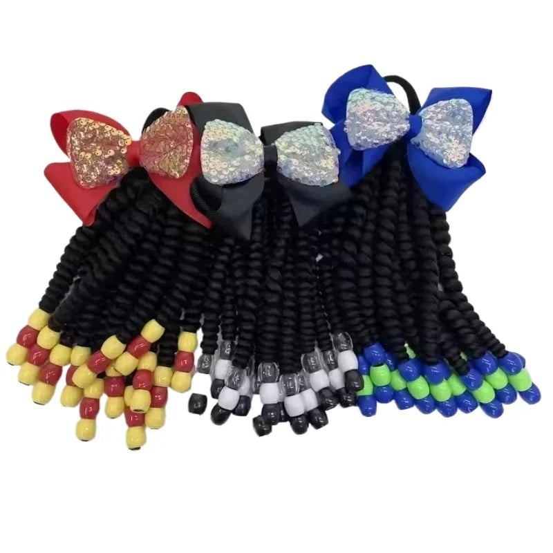 2PCS  Hair 2024 New Little Girls Braided Ponytails with Beads Kids Girls Hair Bow Glitter Shinny Shining with Big Balls Bubbles