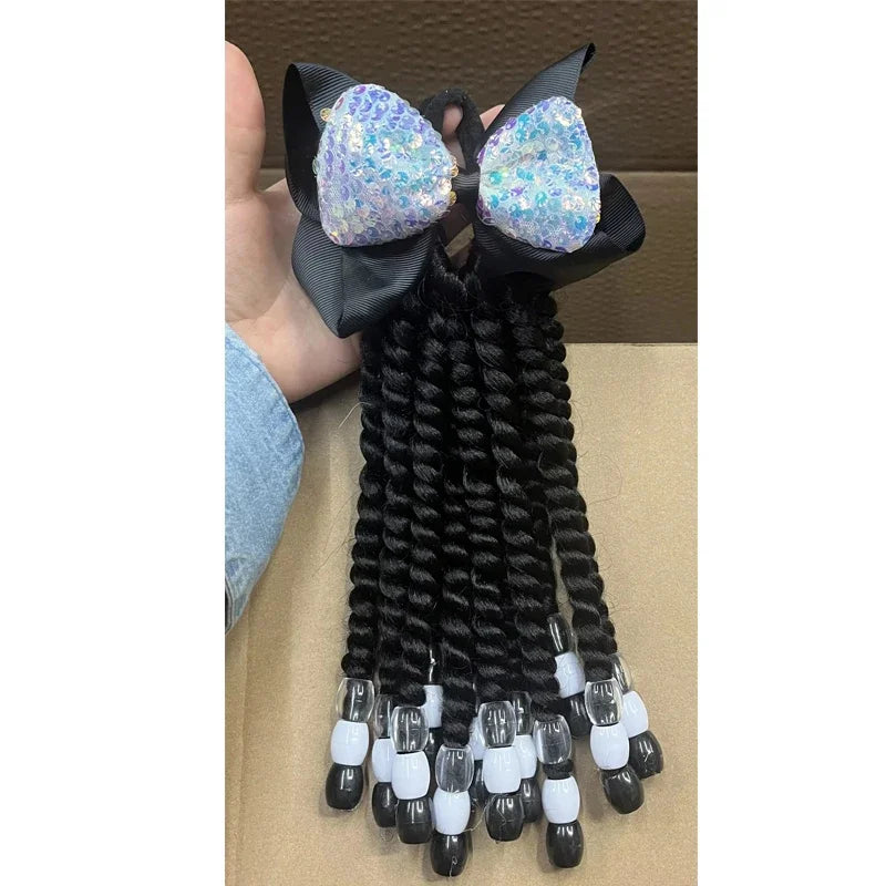 2PCS  Hair 2024 New Little Girls Braided Ponytails with Beads Kids Girls Hair Bow Glitter Shinny Shining with Big Balls Bubbles