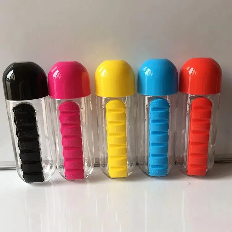 Portable Water Bottle with Built-in Pill Box for Medicines, Vitamins, Perfect for Outdoor, Gym, Fitness, Camping and Traveling