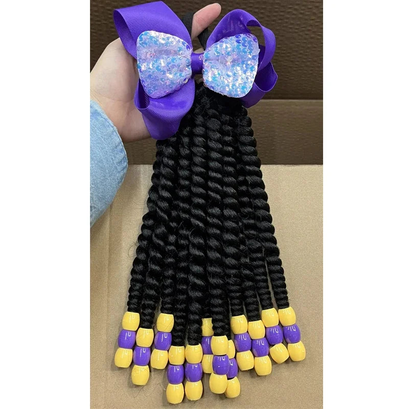 2PCS  Hair 2024 New Little Girls Braided Ponytails with Beads Kids Girls Hair Bow Glitter Shinny Shining with Big Balls Bubbles