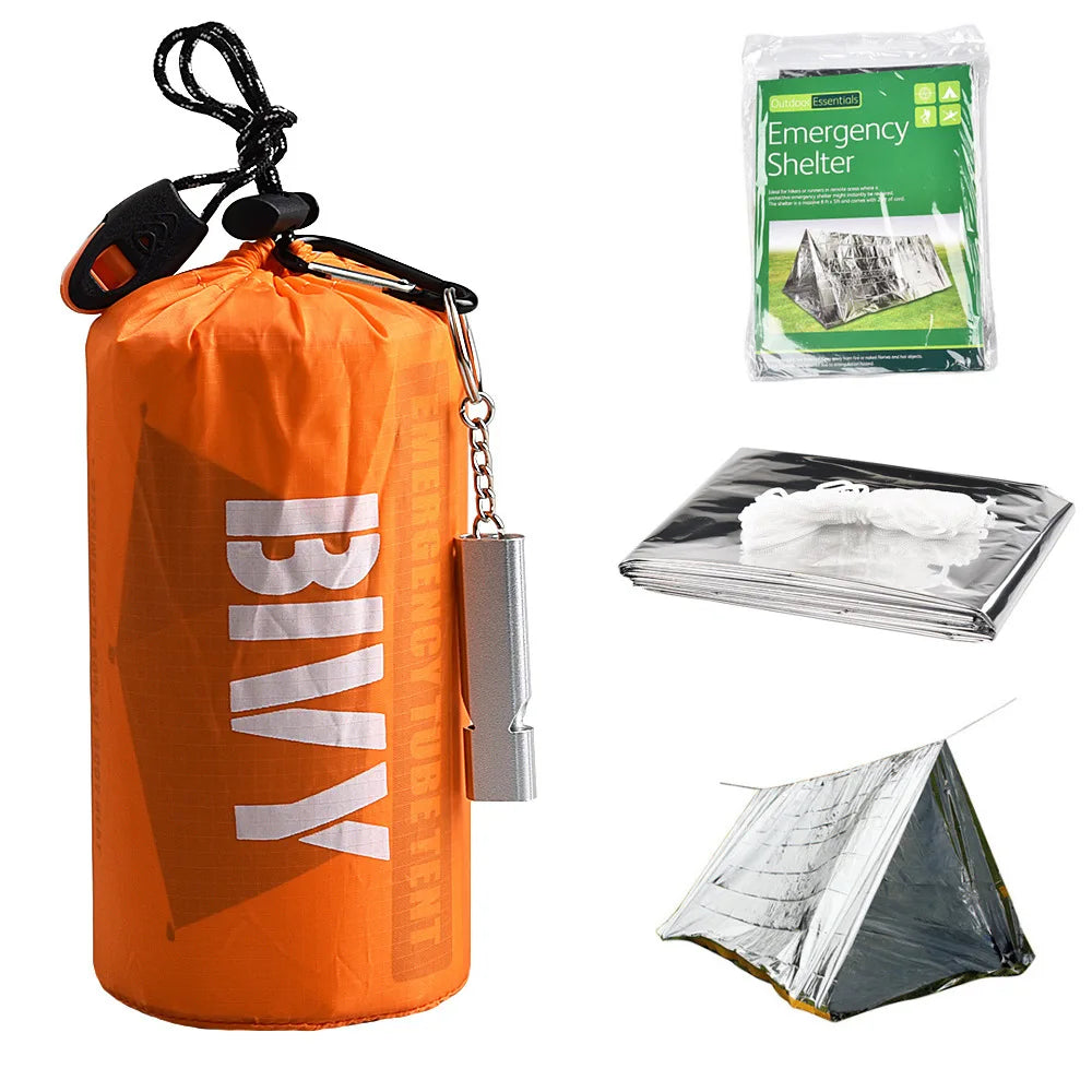 2 Person Emergency Shelter Survival Bivy Tube Tent Kit Thermal Blanket SOS Sleeping Bag Waterproof Survival Equipment