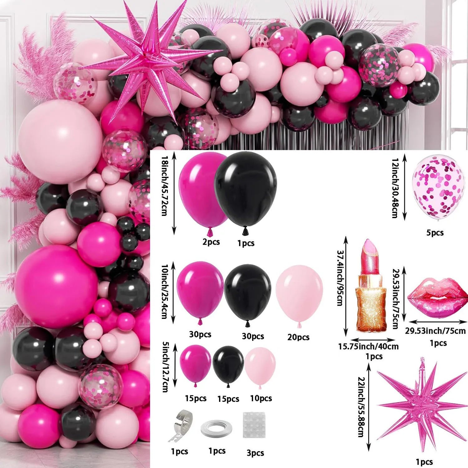 136pcs Valentine's Day Pink and Black Theme Birthday Balloon Set, Suitable for Birthday, Valentine's Day, Engagement Decoration