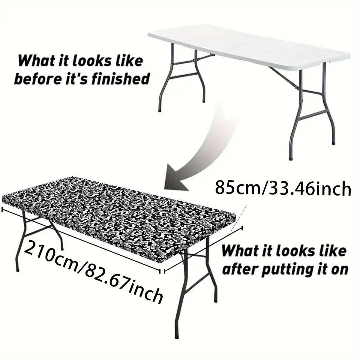 1pc Rectangular Tablecloth, Black Pattern Elastic Fit Tablecloth, Folding Table, Washable Tablecloth Graduation Party Decors