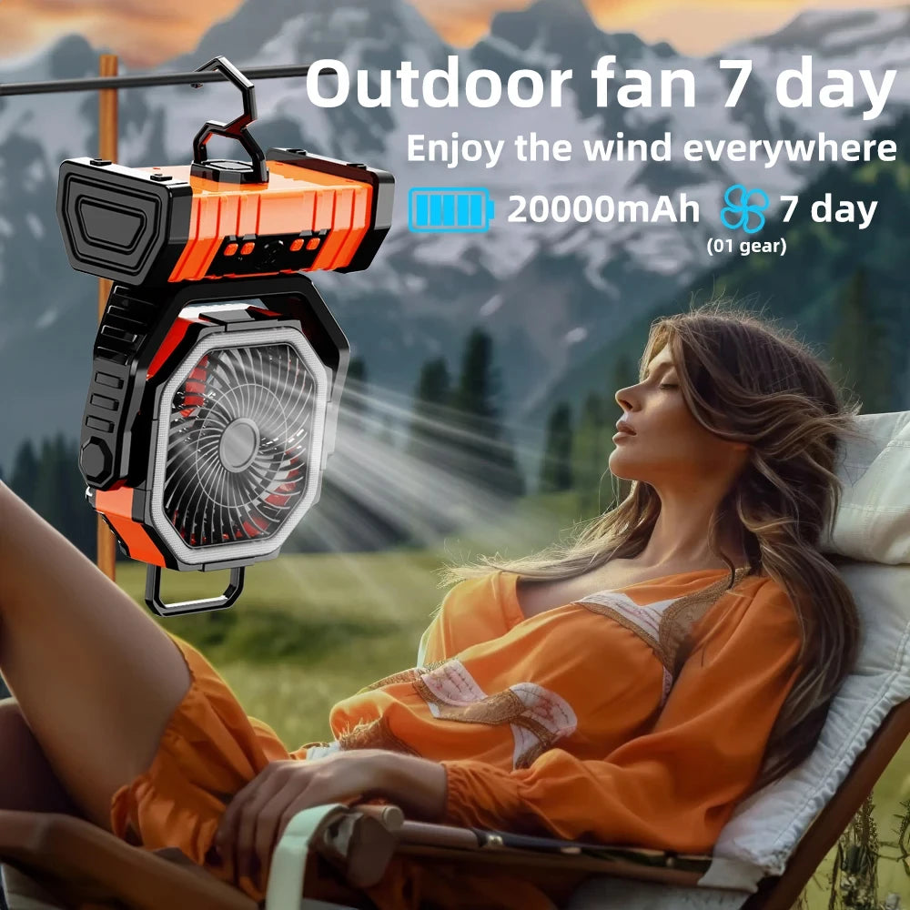 20000mAh Battery Operated Fan Portable Rechargeable Desk/Camping Fan with LED Light and Hook Outdoor Fan for Tent Car Trip