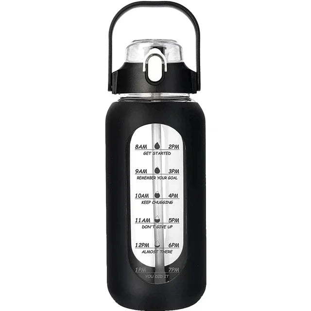 1000ML Glass Water Bottles with Straw, Glass Bottle with Silicone Sleeve and Time Marker, for Gym Camping Home Office