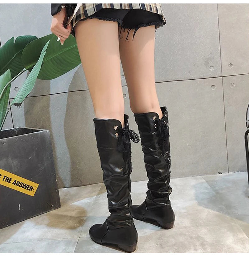 2023Shoes For Women  Knee High Boots Red Black White Tall Boots Woman Pleated Low Heel Casual Leather Female Long Shoes