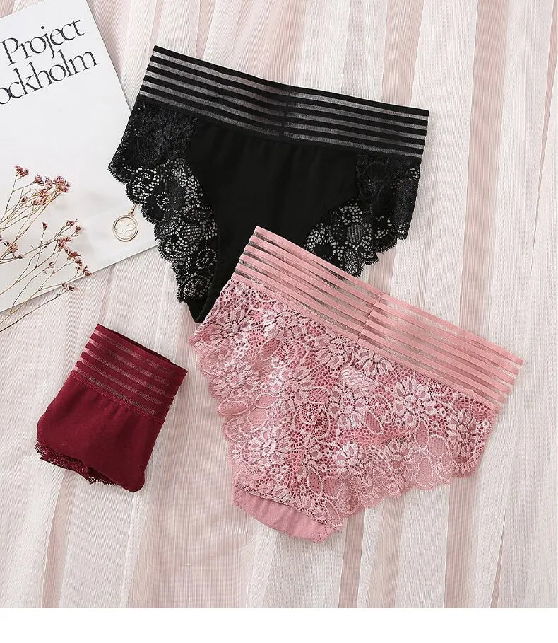 3Pcs Sexy Lace Panties Women's Underpants Solid Color Briefs Breathable Intimates Panties Female Underwear Seamless Lingeries