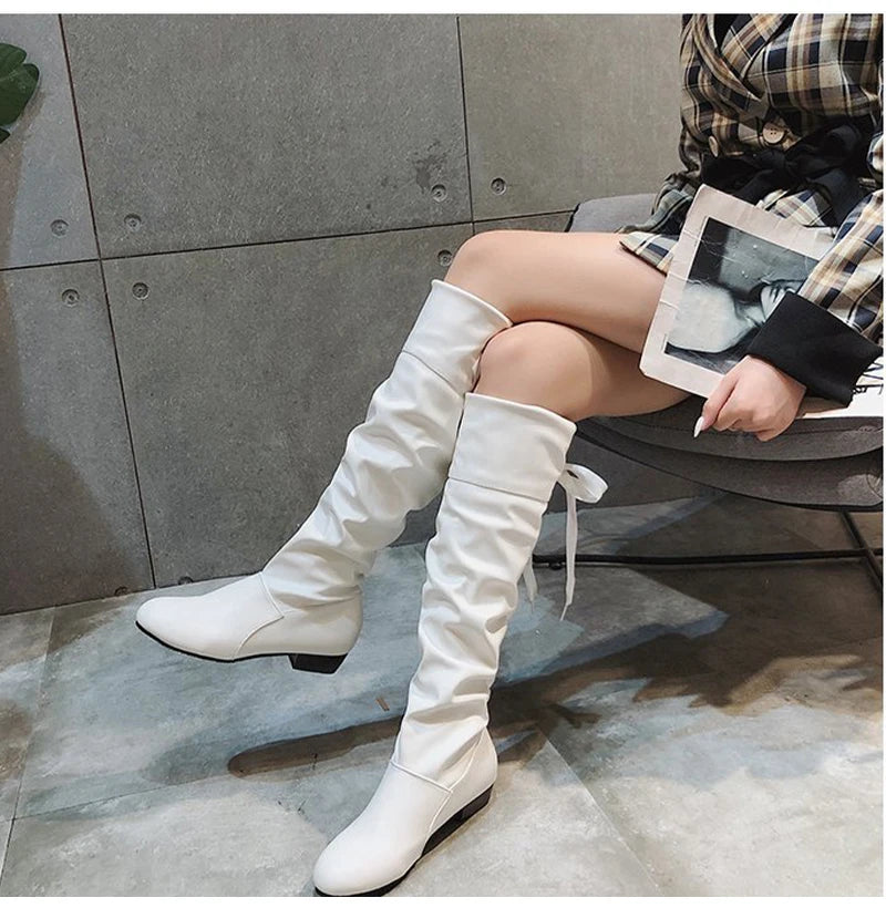 2023Shoes For Women  Knee High Boots Red Black White Tall Boots Woman Pleated Low Heel Casual Leather Female Long Shoes