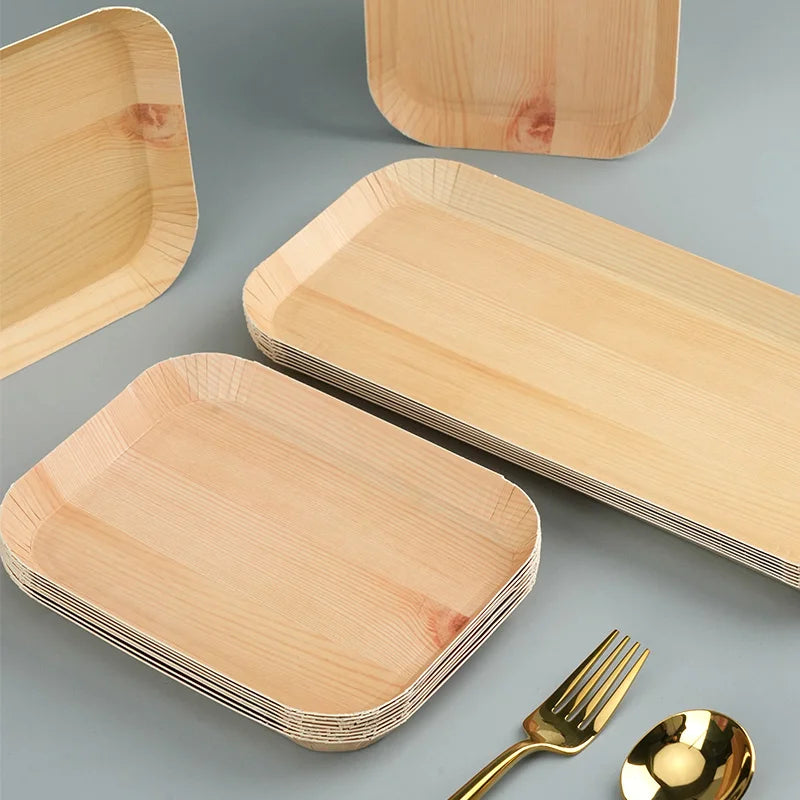 10/20pcs Disposable Rectangle Plates Compostable Wood Grain Paper Tray Bread Dish Dinner Paper Plate Disposable Table Accessorie