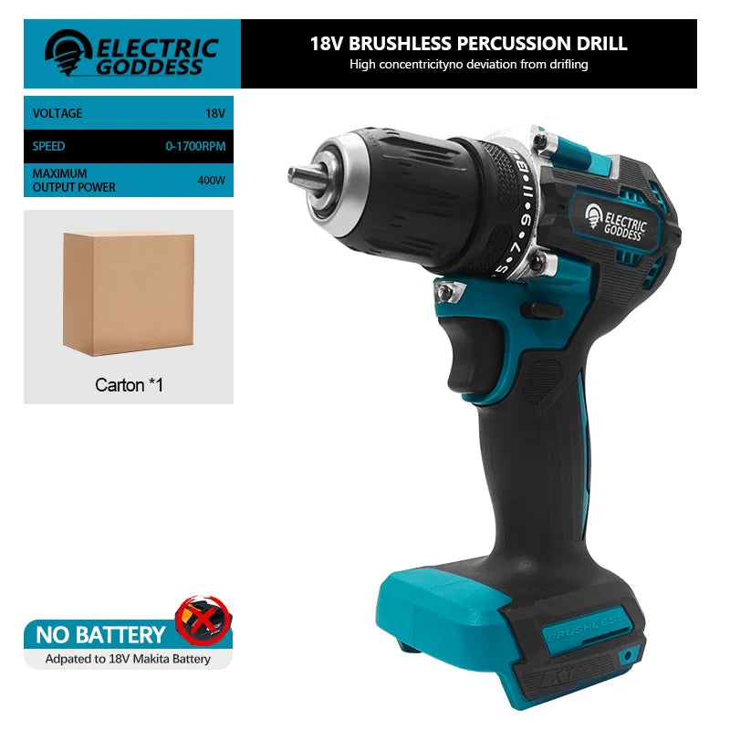 1/2 inch 1700RPM cordless drill, compact hammer drill, brushless motor, lithium electric drive, suitable for 18V Makita battery